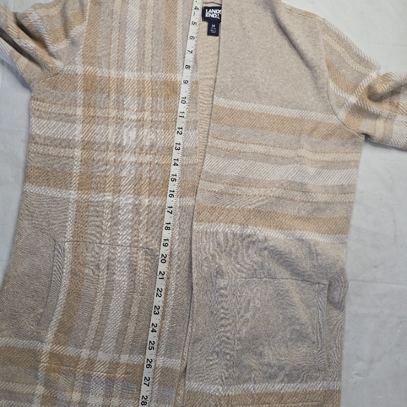Lands' End Open Cardigan Sweater Beige Plaid Long Line Lightweight Cotton M - Picture 11 of 13